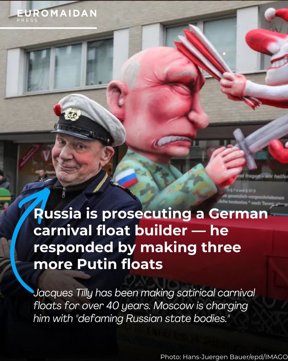 Moscow put a German carnival artist on trial for making fun of Putin. His response? Three new Putin floats rolling through Dusseldorf at the Rose Monday carnival.

One shows Putin impaling a tiny jester — who strikes back with a cardboard clapper. 

Another has Putin steering an