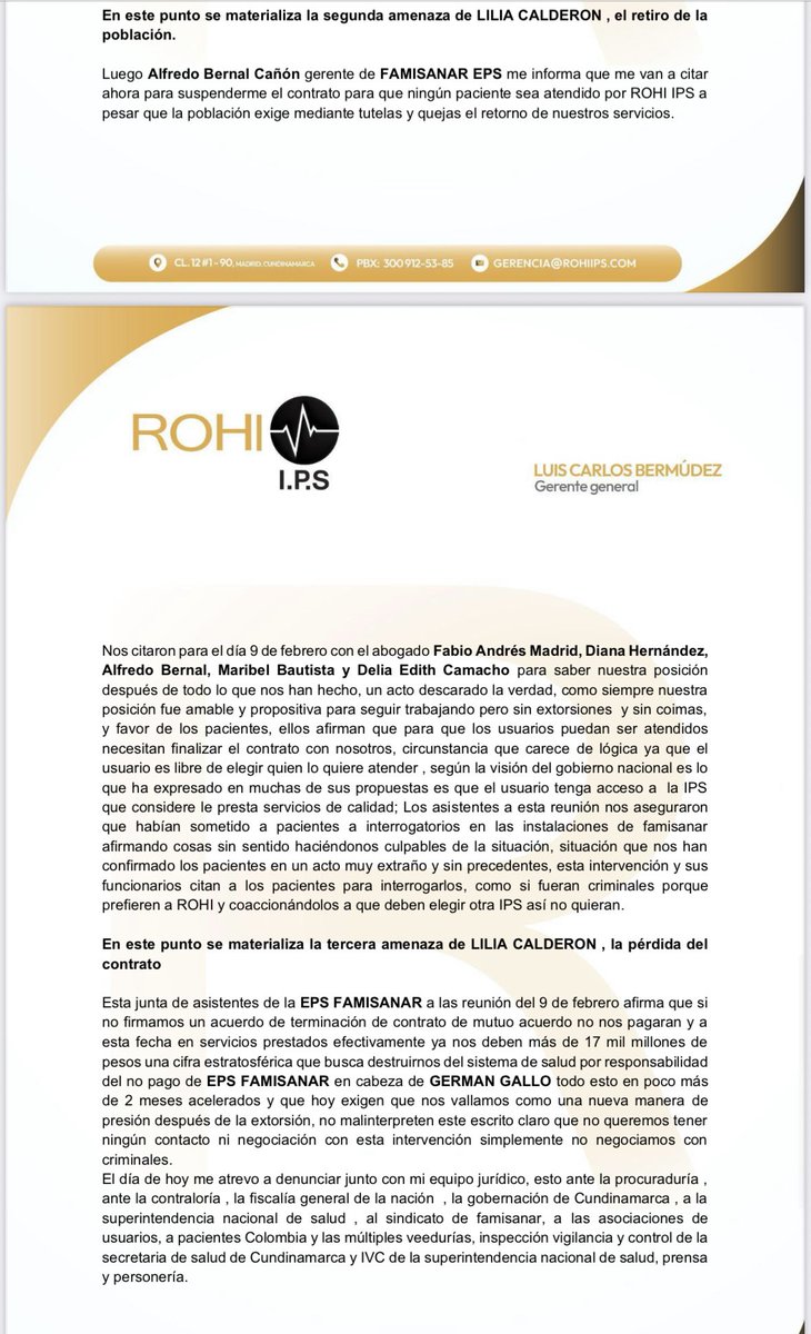 AForeroM's tweet photo. Esto es gravísimo.

Una IPS está denunciando por presunta extorsión al equipo del turbio interventor Gallo de @EPS_Famisanar y a la bachiller de los $28 M.

¿Qué opinan @petrogustavo y @B_CamachoMD? ¿Van a dejar en el cargo a un tipo tan cuestionado?

¿@FiscaliaCol? ¿@PGN_COL? https://t.co/64dND5tQ1h