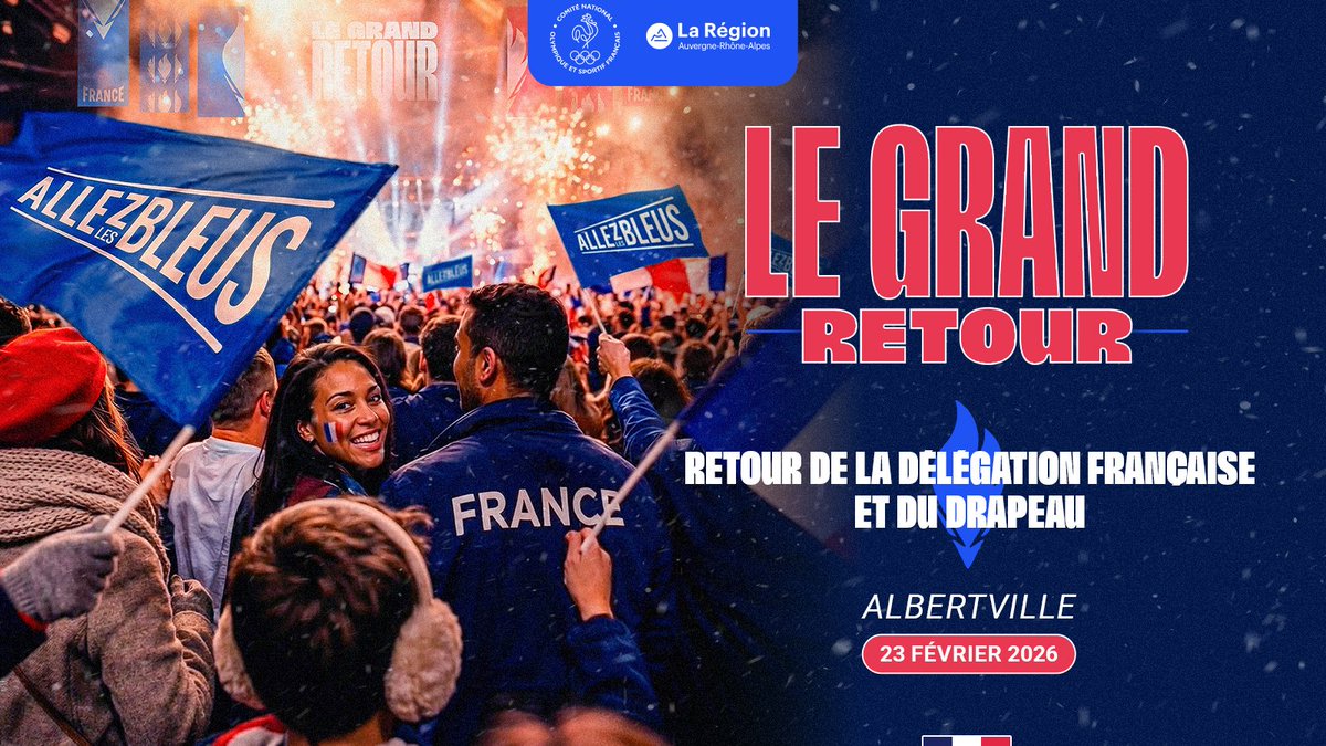 [#LeGrandRetour]
🇫🇷 Le lundi 23 février 2026, au lendemain de la cérémonie de clôture des Jeux Olympiques d’hiver de Milan-Cortina 2026 et de la passation aux Alpes Françaises 2030, le #CNOSF et la Région Auvergne-Rhône-Alpes proposeront, à Albertville, un grand événement