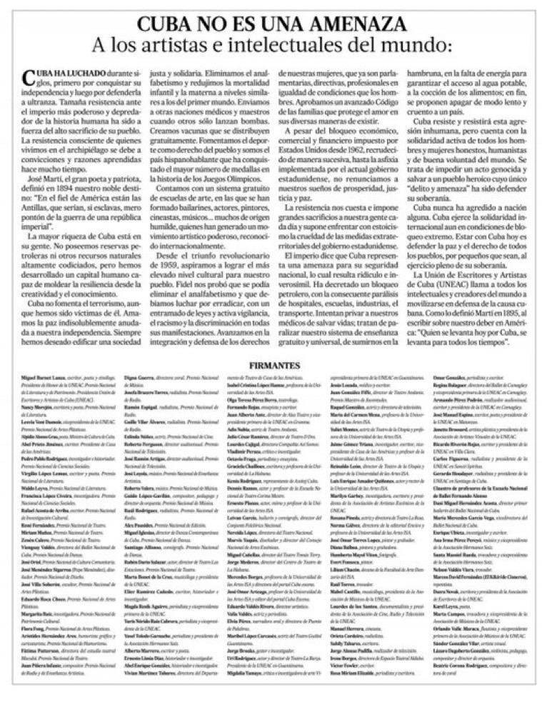 Hoy LA JORNADA publica un llamamiento de artistas e intelectuales cubanos a sus colegas del del mundo: CUBA NO ES UNA AMENAZA. 
#CubaEstáFirme #NoAlFascismo #NoAlImperialismo