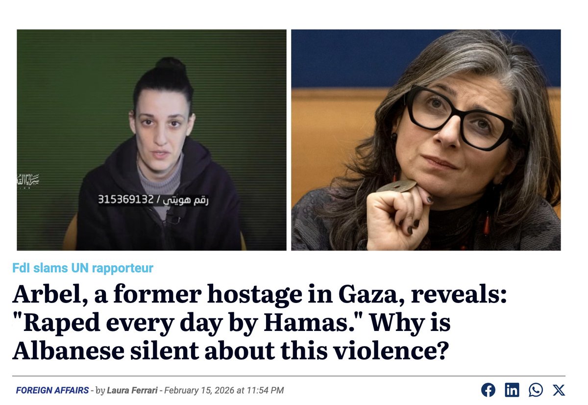 “What does U.N. rapporteur Francesca Albanese have to say about this? Why is she so silent when the victims are Israeli women? There can be no ideological distinctions when it comes to mass rape and torture.”

— Italian Senator Susanna Donatella Campione
secoloditalia.it/2026/02/arbel-…