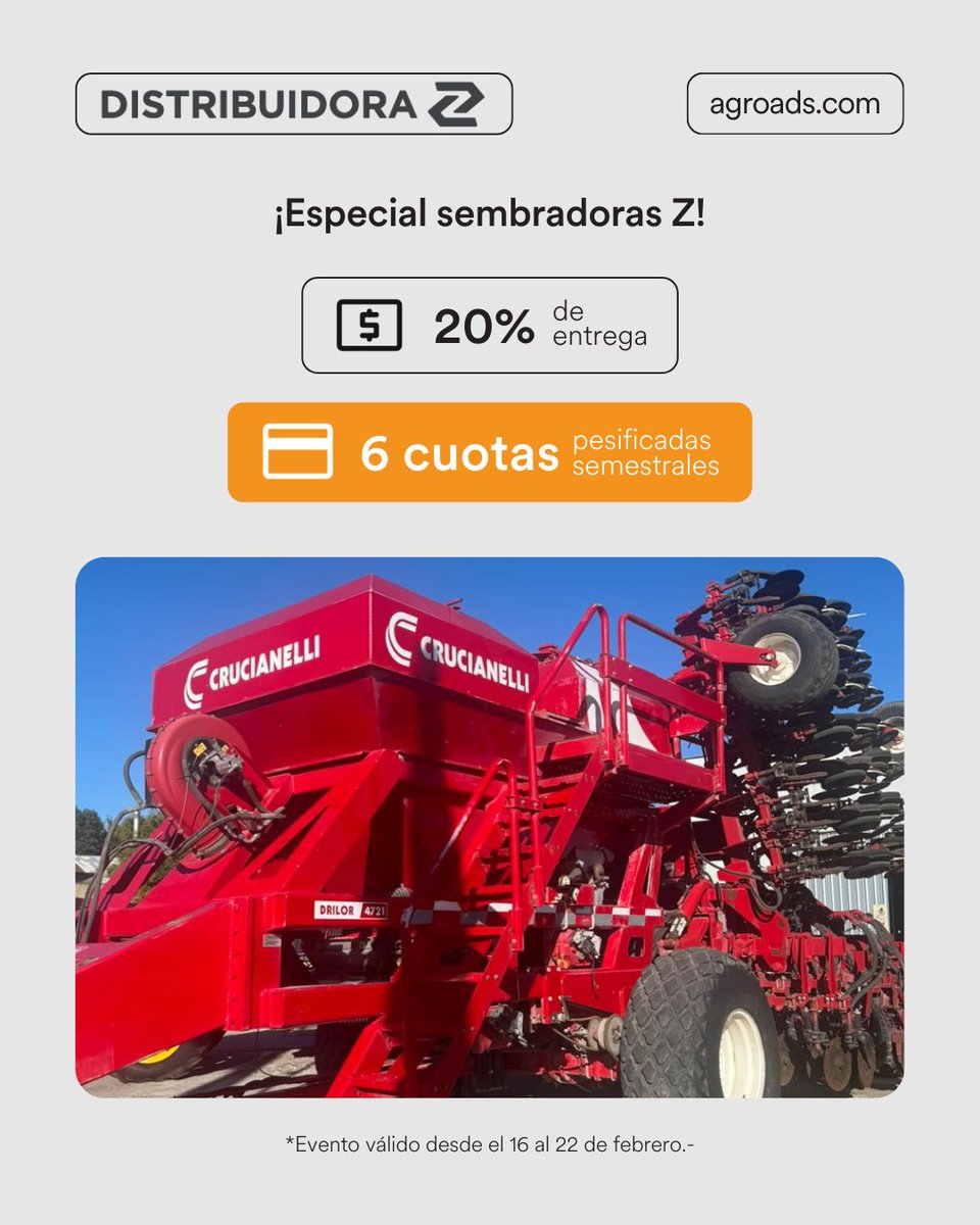 Sembradoras usadas

Sembrá hoy y pagá con calma: 20% de entrega + 6 cuotas pesificadas semestrales. 🌱
Elegí tu sembradora usada: bit.ly/468vEmZ

#agroads #distribuidoraZ #sembradoras #usadas #financiacion #cuotas #campo #agro