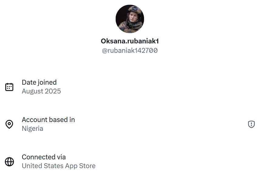 ❌📢Account Worthy of Reporting❌
Nigerian based account impersonating well known Ukrainian Defender <a href="/oksana_rubaniak/">Оксана Рубаняк</a>. Account opened August 2025. VPN capabilities.
Please Report twice - once for Privacy violations and secondly for Impersonation.  Block and Repost. Please note