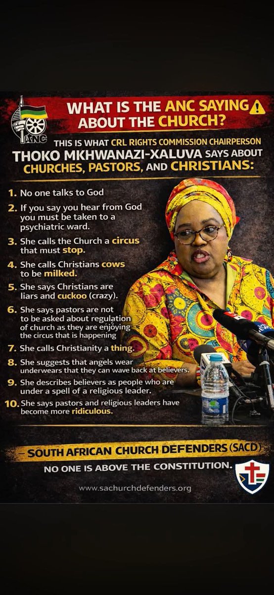 RiseAgainstEvil's tweet photo. Another government-funded loudmouth trying to play God by mocking the actual God and His people. Thokozile Mkhwanazi-Xaluva, sitting pretty in her CRL Rights Commission chair like she's the final authority on heaven and earth, has the audacity to spit on everything Christians hold sacred. 

You call hearing from God a one-way ticket to the psych ward? The only one who needs professional help is the person who thinks angels in heaven are swapping underwear selfies like it's a WhatsApp group chat for the spiritually constipated. Heaven doesn't do panty raids, but hell is clearly taking notes on your material. 

You label the Church a "circus" that "must stop?" B#tch, the real circus is a Chapter 9 institution head reducing believers to "cows to be milked," calling us liars and cuckoos, and treating Christianity like some optional "thing" you can dismiss with a wave of your manicured hand. If anyone's enjoying the milking, it's bureaucrats like you, sucking tax money while lecturing people who've actually built communities, fed the poor, and transformed lives, without needing a government license to pray. 

You sneer that pastors and religious leaders have become "more ridiculous?" You're suggesting angels wear undergarments they can "wave back" at gullible believers, like the hosts of glory are running a celestial striptease. That's not regulation you're pushing; that's blasphemy disguised as public policy. The Bible warns about people who mock the things of God and call evil good; congratulations, you've just auditioned for the starring role. 

Christians aren't "under a spell;" we're under the blood of Jesus, forgiven, redeemed, and empowered by the Holy Spirit, something no amount of peer-review committees or state vetting can touch. You can try to license callings, regulate faith, and police pulpits all you want, but the gates of hell won't prevail against the Church (Matthew 16:18). 

So keep talking, Thoko. Keep calling us crazy. Keep waving your imaginary angelic lingerie. Every word you utter is just another nail in the coffin of your credibility, and a reminder to every believer that no constitution, no commission, and no chairperson is above the King of Kings. 

We're the body of Christ. And we're praying for your soul while we laugh at the sheer ridiculousness of a mortal trying to regulate the immortal. 

Your move, "Chairperson." The real Chair is still on the throne.