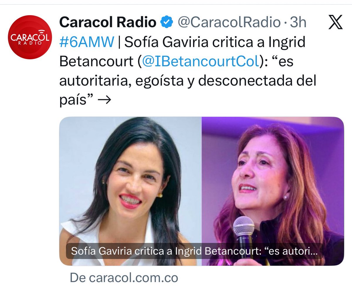 ¡Histórico!

Por primera vez, un político logró unir a todo un país en un mismo pensamiento y fue <a href="/IBetancourtCol/">Ingrid Betancourt Pulecio</a>.

Aunque yo le agregaría otro más: autoritaria, egoísta, desconectada del país y oportunista.

Uds cuál otro le agregarían?