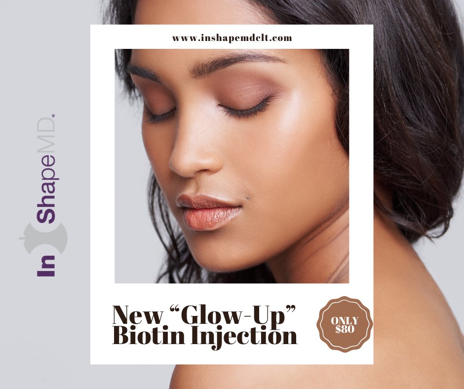 InShapeMDclt's tweet photo. Our Biotin Glow-Up Injection blends biotin, folic acid, vitamin C &amp; glutathione to support radiant skin, stronger hair, and healthier nails. Antioxidant support for youthful, vibrant skin.

💉 Only $80
📅 Book now: https://t.co/wRt9WrafsC
#GlowUp #BiotinInjection #InShapeMD https://t.co/lOvFpfsxH8