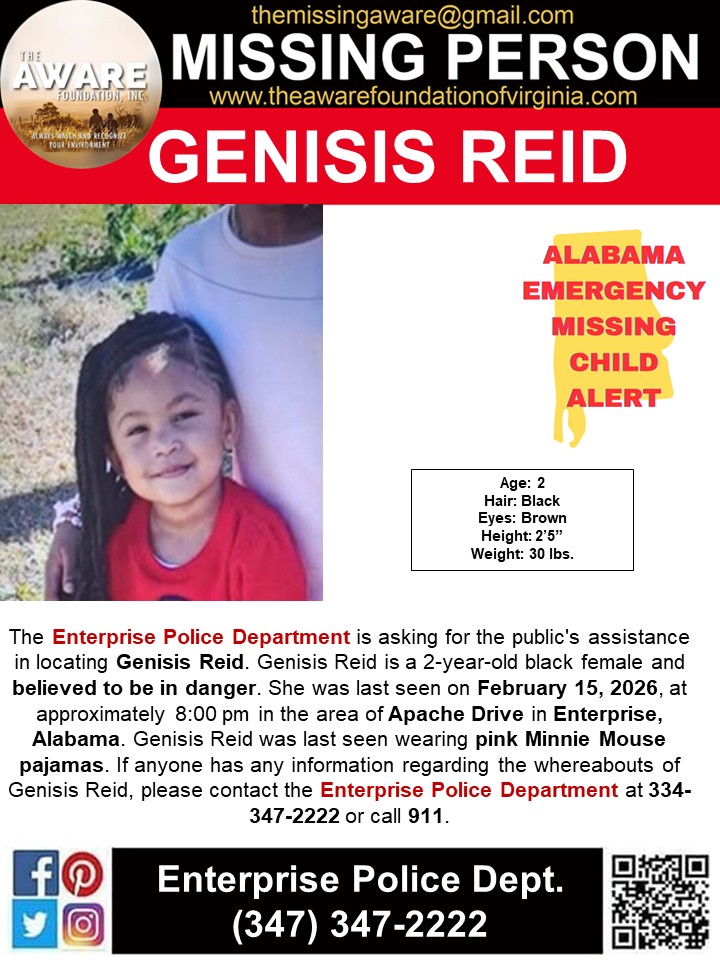 🚨MISSING CHILD ALERT🚨 ENTERPRISE, AL
The Enterprise Police Department is asking for the public's assistance in locating Genisis Reid. Genisis Reid is a 2-year-old black female and believed to be in danger. She was last seen on February 15, 2026, at approximately 8:00 pm in the