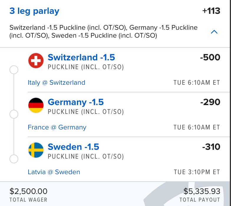 $2,500 ➡️ $5,335.93

Tell me which one of these doesn’t win by 2 😭🔥

🇨🇭 Switzerland -1.5
🇩🇪 Germany -1.5
🇸🇪 Sweden -1.5