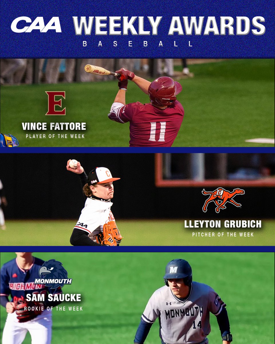 ⚾️The first #CAABaseball Weekly Awards of the season are officially here!!!!

☑️ Vince Fattore, <a href="/ElonBaseball/">Elon Baseball</a> 
☑️ Lleyton Grubich, <a href="/GoCamelsBSB/">Campbell Baseball</a> 
☑️Sam Saucke, <a href="/MUHawksBaseball/">Monmouth Baseball</a> 

tinyurl.com/3s43fxx4