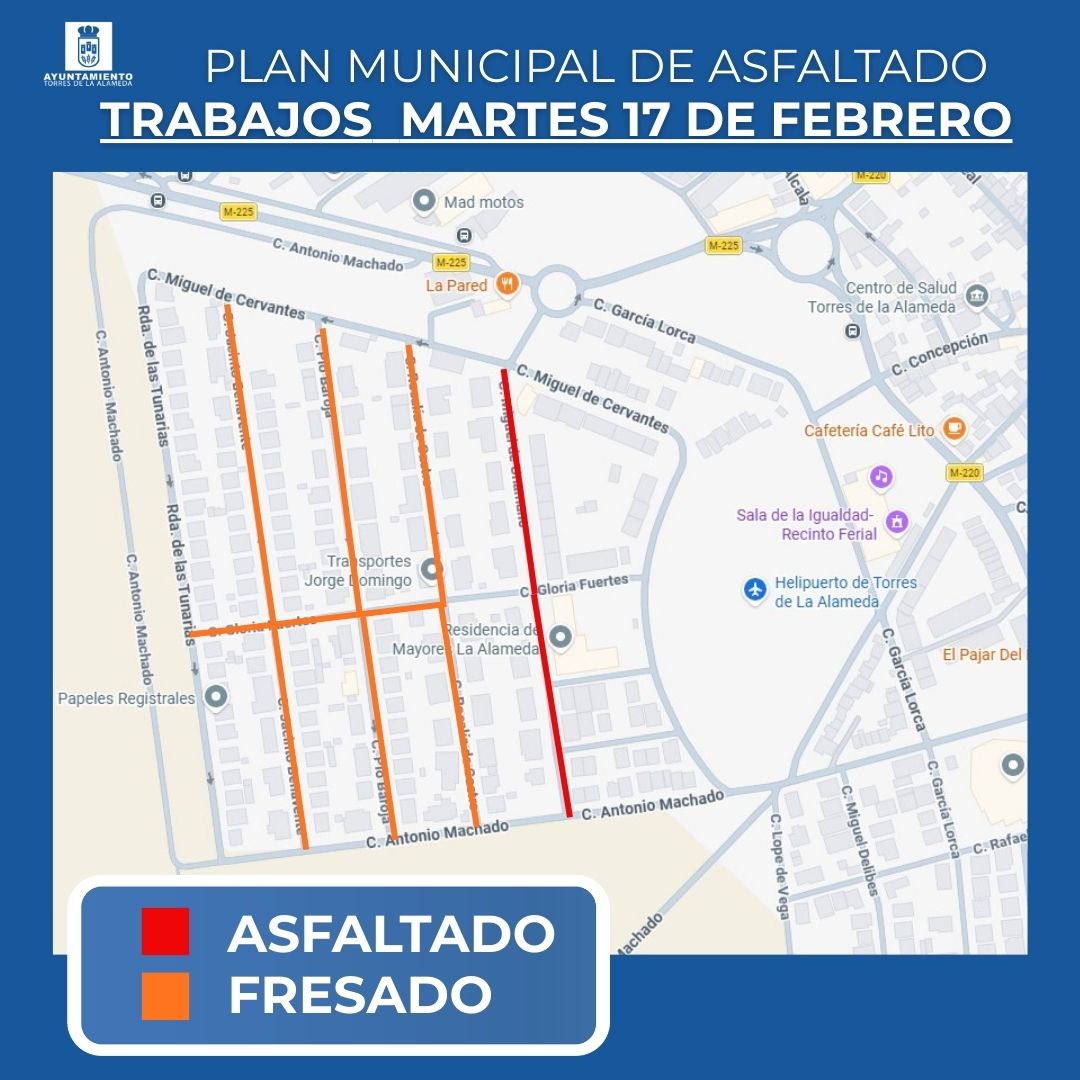 🔴 Trabajos Plan Municipal de Asfaltado martes 17:

📍ASFALTADO: c/ Miguel de Unamuno.

📍FRESADO: c/ Rosalía de Castro, c/ Pio Baroja, c/ Jacinto Benaventec y c/ Gloria Fuertes (desde Ronda de las Tunarias hasta Rosalía de Castro) .

Gracias por su colaboración .