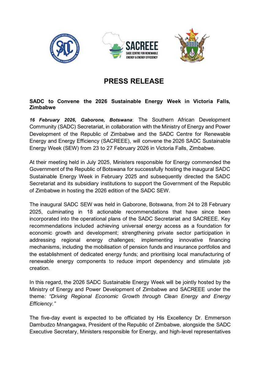 SADC_News's tweet image. PRESS RELEASE
 #SADC will convene the 2026 Sustainable Energy Week (#SEW) from 23–27 February 2026 in Victoria Falls, Zimbabwe, in collaboration with the Government of Zimbabwe and SACREEE.