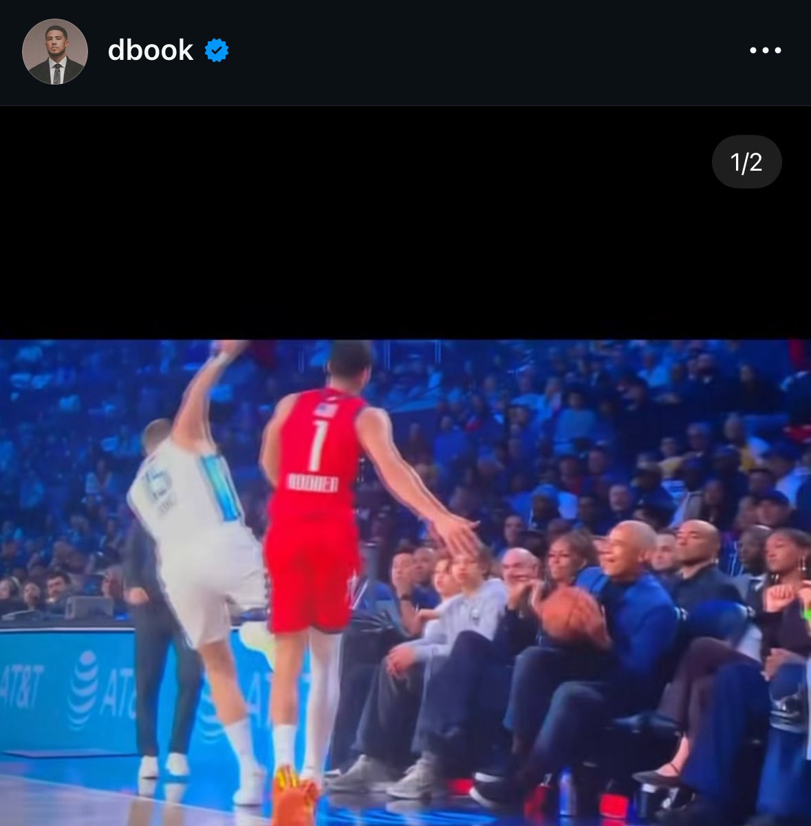 Devin Booker on Instagram: 

“Secret service.” 

Book shoved Nikola Jokic out the way to avoid running into Barack and Michelle Obama during the All-Star game last night 😂♥️

(Via, IG/dbook