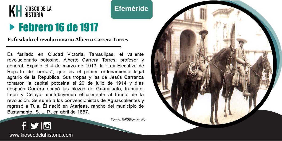 El #16DFebrero de 1917 es fusilado el revolucionario Alberto Carrera Torres.
Más y otras #Efemerides 👇
kioscodelahistoria.com/16-febrero