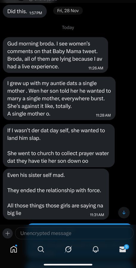 odunayo_owo's tweet image. This DM was from last year. 

A single mother will run mad if she hear that her son wants to marry a single mother.

Single mothers know you have to be unfortunate, a simp and a low standard man for you to say you want to join another man’s family instead of starting your own.

I