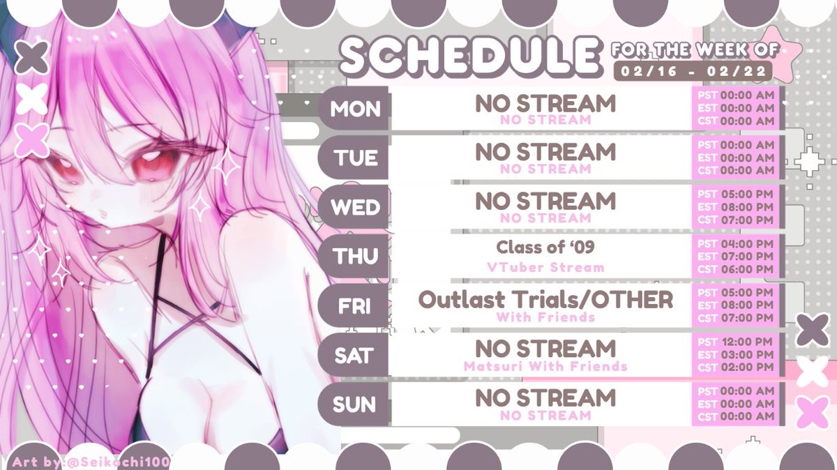 This week's schedule~

I have a Japanese Festival to go to this weekend so I won't be streaming Saturday and will end early on Friday
I'm so behind on cosplays! I haven't decided my weekend cosplays yet!