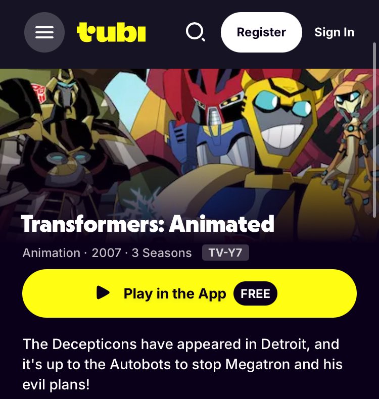 's tweet image. ‘Transformers: Animated’  will stream on Tubi on March— JUST KIDDING‼️ it’s already there! go watch it now!!