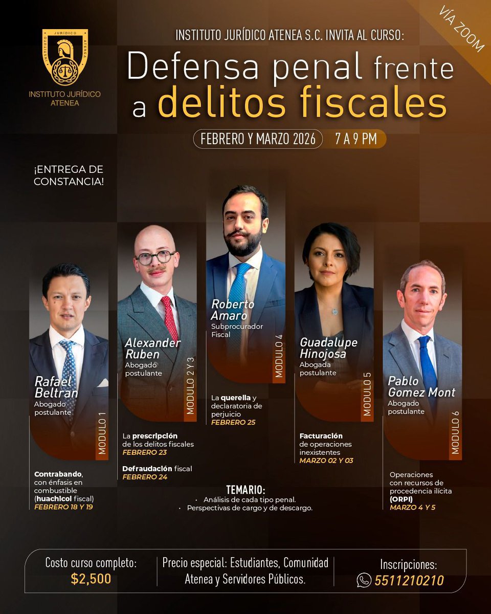 Faltan 72 horas…

¿Ya te inscribiste? 🙌🏻📝✨
📞 551121✨0210 

Aprende los elementos del delito de:

✅ CONTRABANDO de combustible. “Huachicol Fiscal”
✅ DEFRAUDACIÓN fiscal
✅ FACTURACIÓN de operaciones inexistentes
✅ ORPI (lavado de dinero)
✅ Prescripción
✅️ Querella