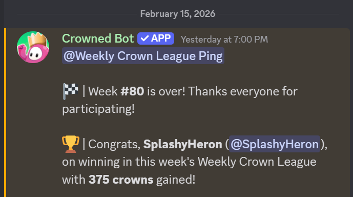SplashyHeron's tweet photo. A goal reached 🎉 My 25th Weekly Crown League win 👑 #FallGuys #CrownLeaderboard #FallGuysCrownLeaderboard #WeeklyCrownLeague https://t.co/vl6v1KJBQ4