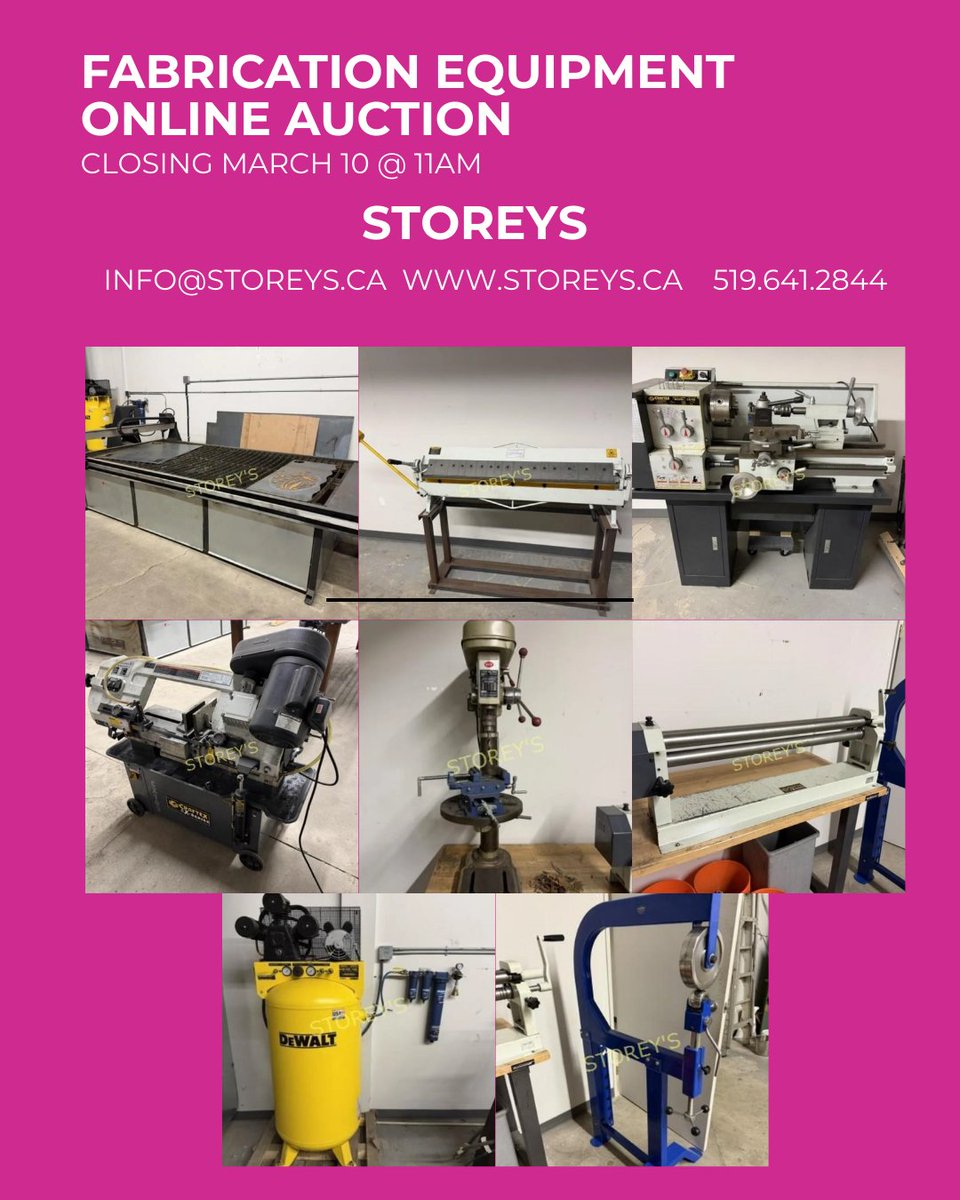 Fabrication Equipment Online Auction

Link: storeys.hibid.com/catalog/716229…

Closes: Tues Mar 10, @ 11am
Location: 530 First St., London
Removal: ONE DAY ONLY
Wed Mar 11 from 9am - 2pm