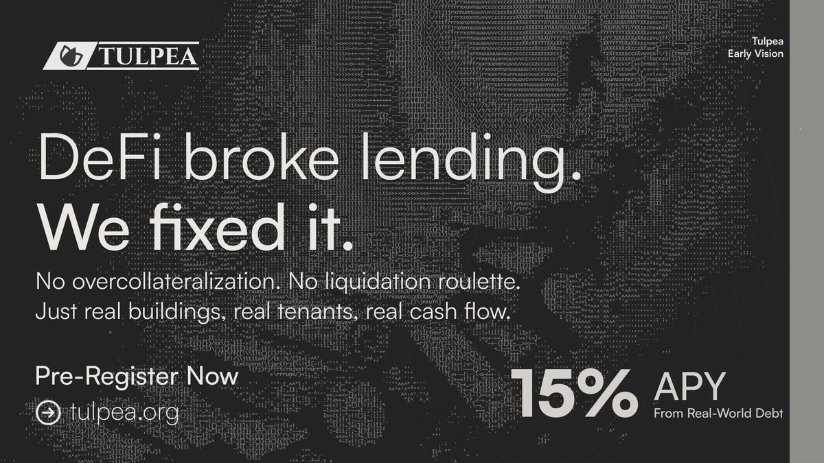 DeFi lending is broken.

Overcollateralize 130%.
Borrow only against tokens.
Get liquidated when a whale sneezes.

Tulpea flips the model →
Real assets as collateral.
Real income as yield.
Onchain underwriting.

Structured credit tranches so risk is priced, not prayed away.

15%