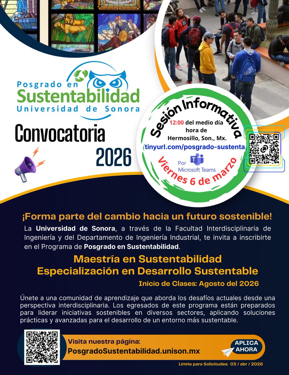 📌SESIÓN VIRTUAL INFORMATIVA por MS TEAMS
Posgrado en Sustentabilidad
Maestría-Especialidad🎓
<a href="/PsbUNISON/">Posgrado en Sustentabilidad UNISON</a> en <a href="/SoyUnison/">Soy Unison</a>
Viernes 6 mzo 12:00hrs
(🕰️Hora Hermosillo, Mx).
Posibilidad Beca
Apoya Compartiendo Por Fa ♻️😃
Registro: tinyurl.com/posgrado-suste…
📰
<a href="/Ingenio_unison/">INGENIO</a>
<a href="/PosgradosU/">PosgradosUNISON</a>