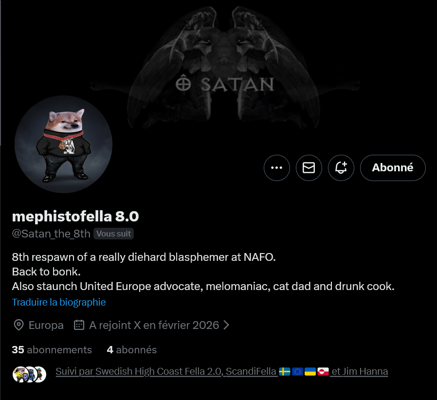 Fellas, can we boost <a href="/Satan_the_8th/">mephistofella 8.0</a> and help him to reborn? 

Thank you 🫡💙💛

#WeAreNAFO
#NAFOExpansionIsNonNegotiable