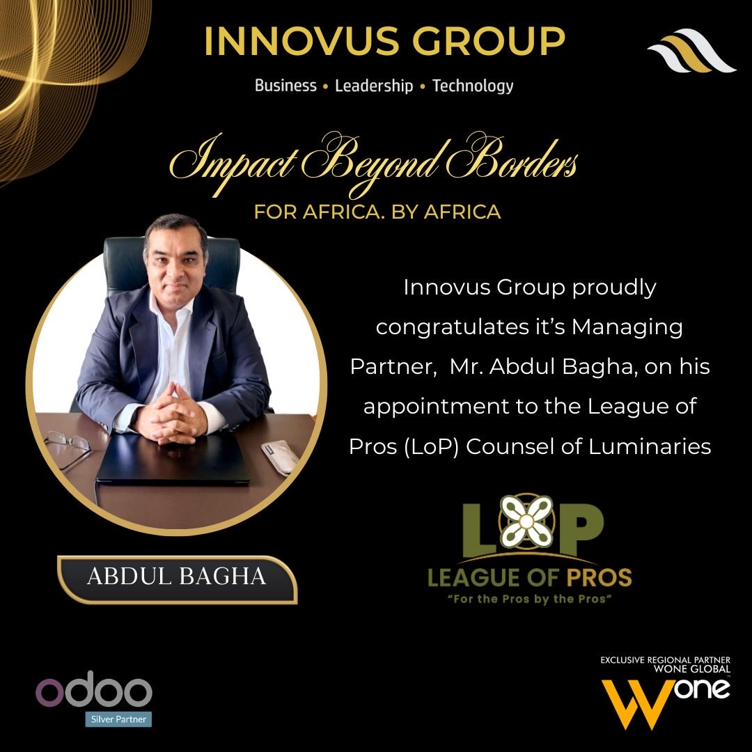 Proud moment for Innovus Group.Our Managing Partner,Abdul Bagha,has been appointed to the Counsel of Luminaries at the League of Pros,a Pan-African think-and-do tank shaping solutions for Africa’s future.Congratulations, Abdul.
#InnovusGroup #LeagueOfPros #woneglobal #leadership