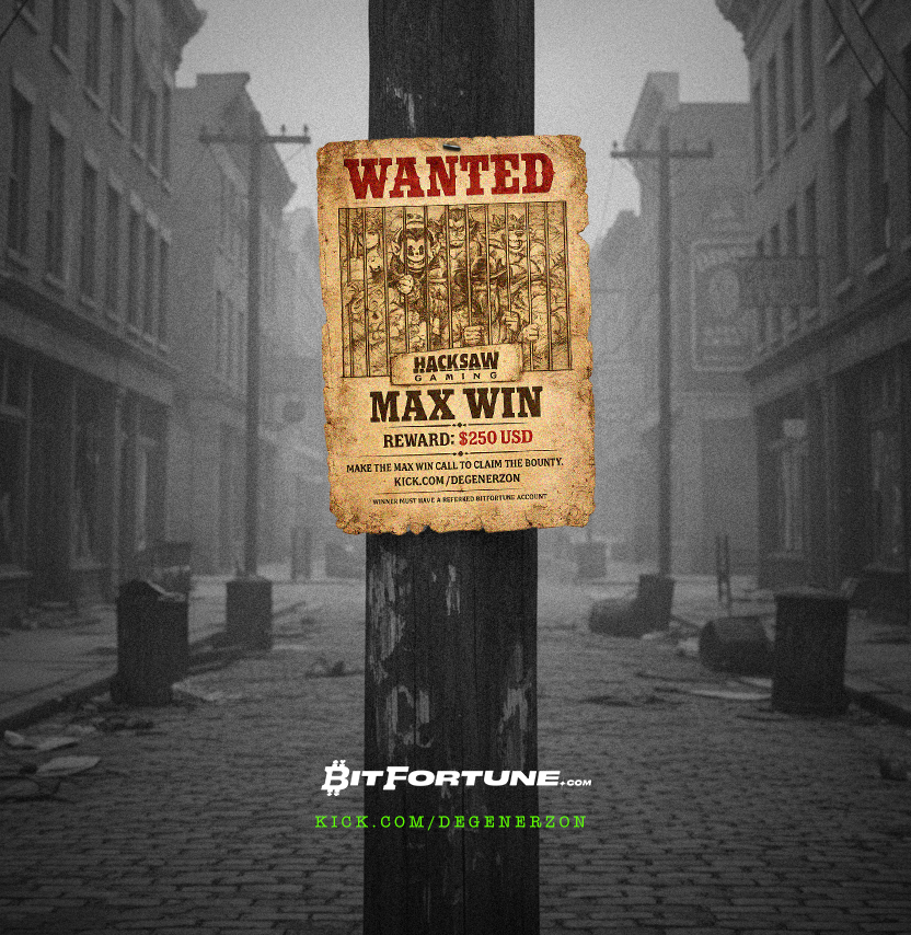 The bounty has been set. 

First person to call me a <a href="/hacksawgaming/">Hacksaw Gaming</a> MAX WIN (with a hoodie still available) on stream wins $250. 

🎰 <a href="/bitfortune/">BITFORTUNE</a> (join.bitfortune.com/dgnr)
🔴 kick.com/DEGENERZON