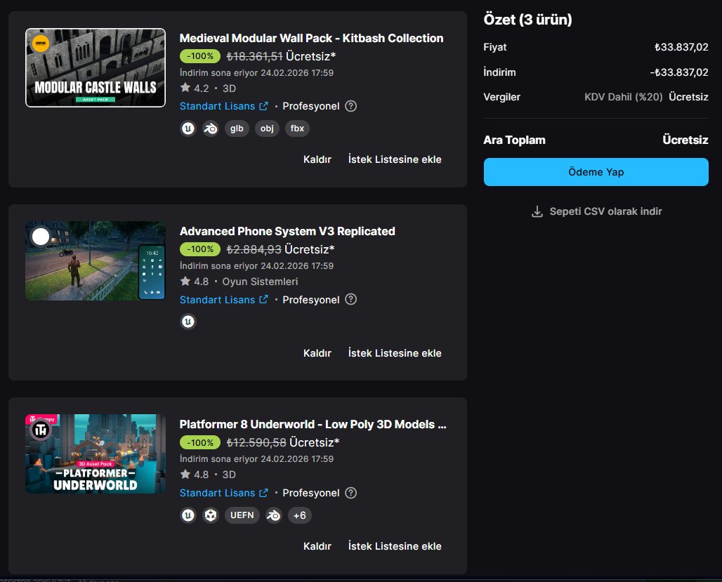 Toplam değeri 33,837.02 ₺ olan 3 adet asset, 24 Şubat 2026'ya kadar, Fab.com'da ücretsiz dağıtılıyor.