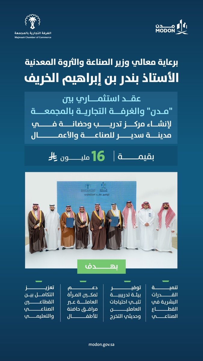 برعاية معالي وزير الصناعة والثروة المعدنية <a href="/BAlkhorayef/">بندر إبراهيم الخريف Bandar Alkhorayef</a>… “مدن” توقّع عقدًا استثماريًا مع غرفة المجمعة لتأسيس مركز تدريب وحضانة للأطفال في مدينة سدير للصناعة والأعمال.