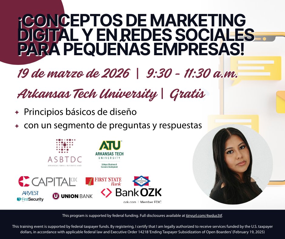 ¡Pequeños empresarios! 🚀Taller GRATIS: Conceptos de marketing digital y redes sociales para pequeñas empresas
🕘9:30 - 11:30 a.m.
 📍Doc Bryan 242
Con Karen Fernandez de Marketing Elevation LLC. ¡Mejora tu presencia online sin gastar de más! 
asbtdc.ecenterdirect.com/events/70372486