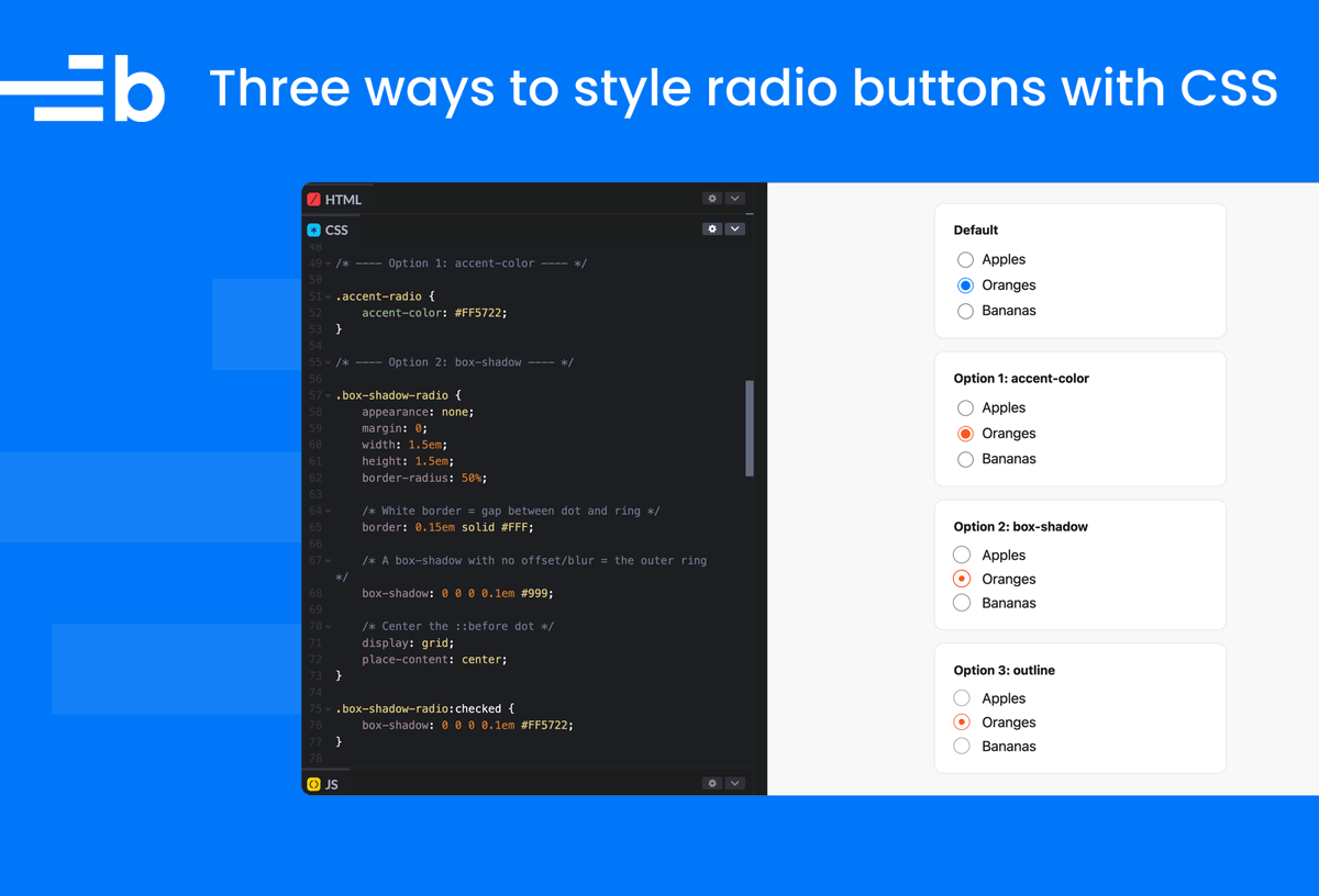 bryntum's tweet image. Radio buttons are one of those things that should be easy to style but aren't.

Our updated post covers three CSS approaches with accessibility in mind: using accent-color, box-shadow, and outline.

Read the post:
bryntum.com/blog/3-ways-to…

#css #frontend
