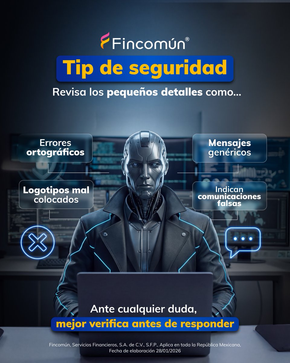 FincomunMX's tweet photo. Tip de seguridad financiera:
En fraudes digitales, los errores pequeños no son casualidad.
En Fincomún protegemos tu información. Verifica el origen, no compartas datos y confirma solo por canales oficiales.
#SeguridadFinanciera #PrevenciónDeFraudes #FinanzasSeguras https://t.co/gxkuq67szt