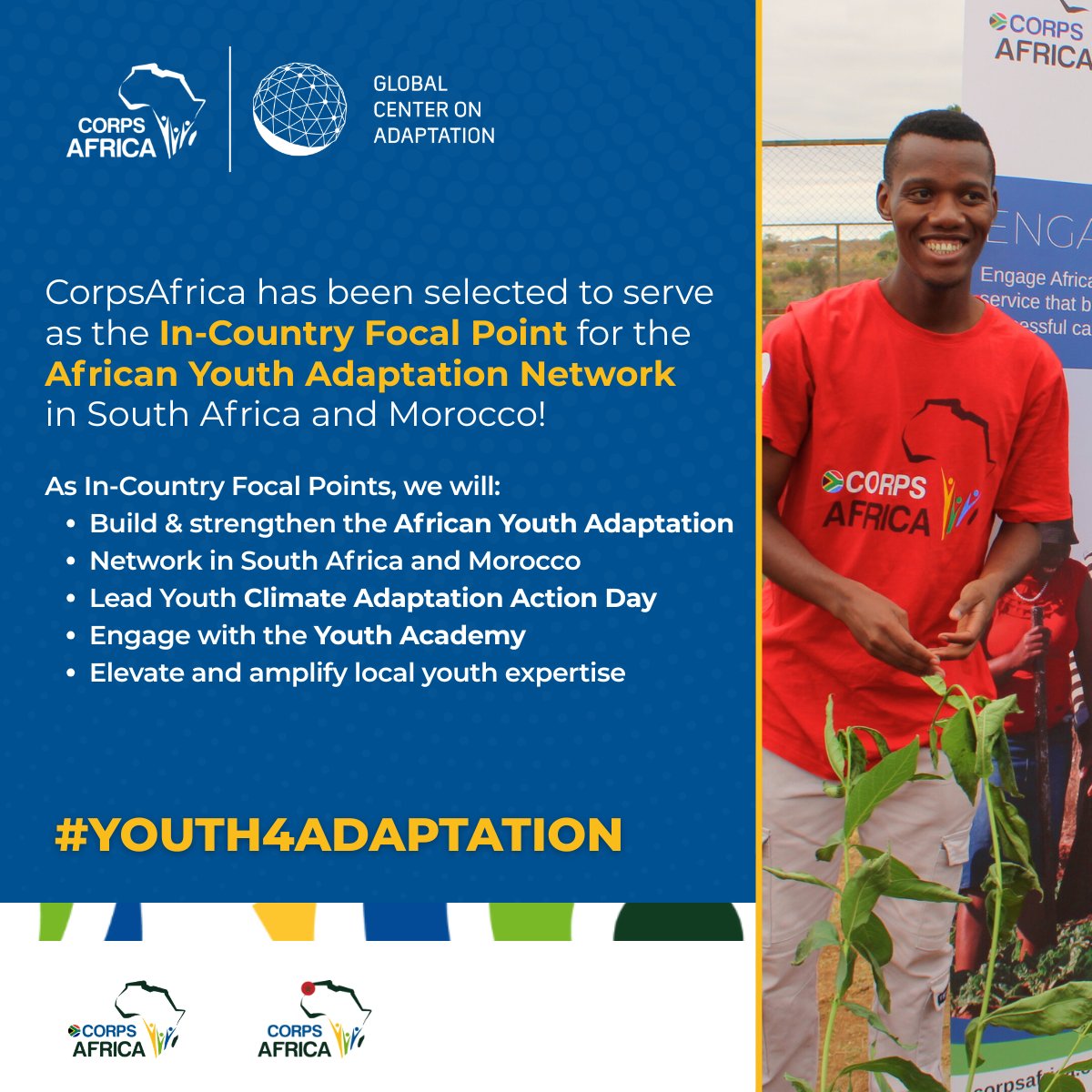 CorpsAfrica's tweet photo. We did it! ✨ CorpsAfrica/South Africa and CorpsAfrica/Maroc have officially been announced as an In-Country Focal Point for the African Youth Adaptation!
Thank you to everyone who voted and supported this journey.
#ThisisCorpsAfrica
#Youth4Adaptation #ClimateAction https://t.co/X03qBNai7c
