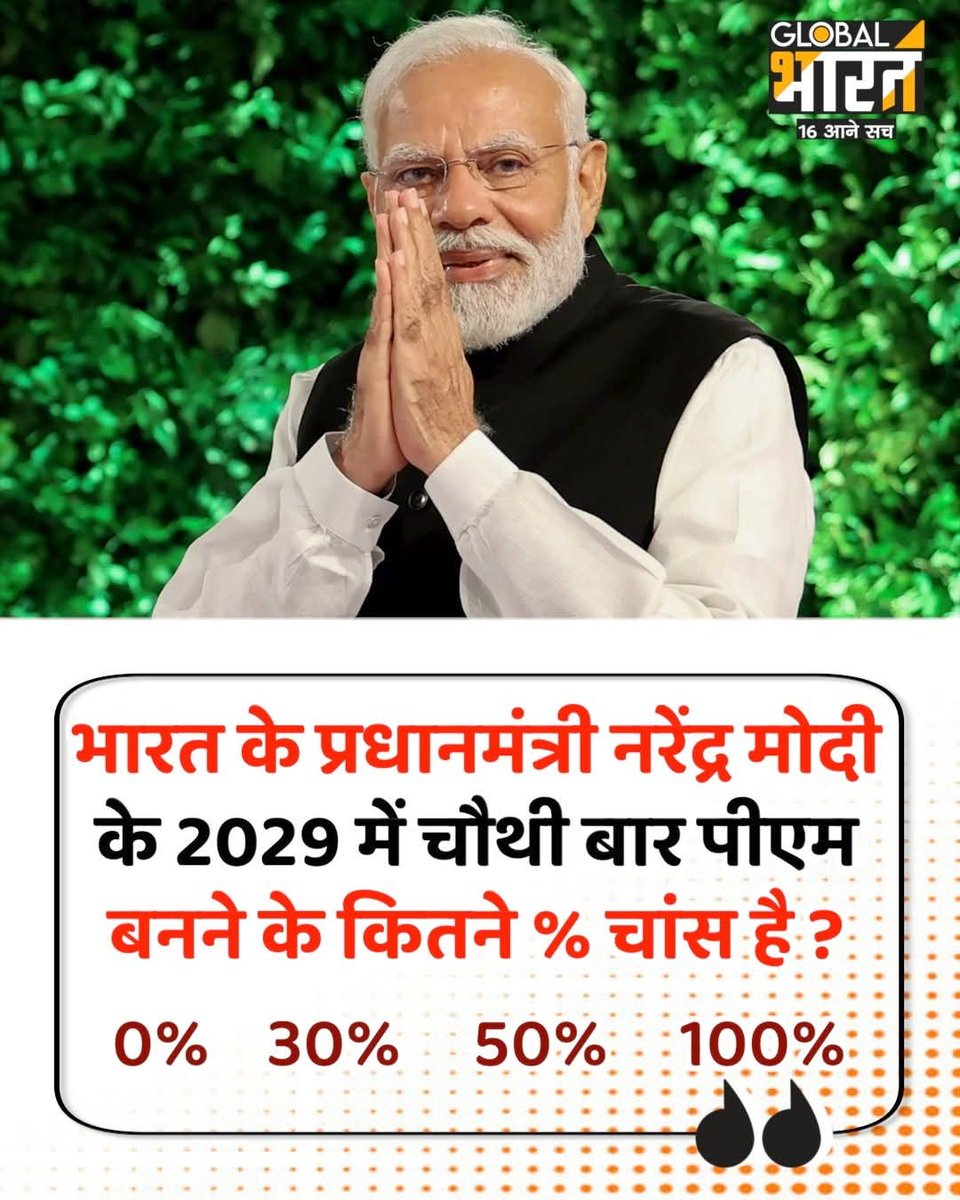 भारत के प्रधानमंत्री नरेंद्र मोदी के 2029 में चौथी बार पीएम बनने के कितने % चांस है ?
0%,   30%,   50%,   100%