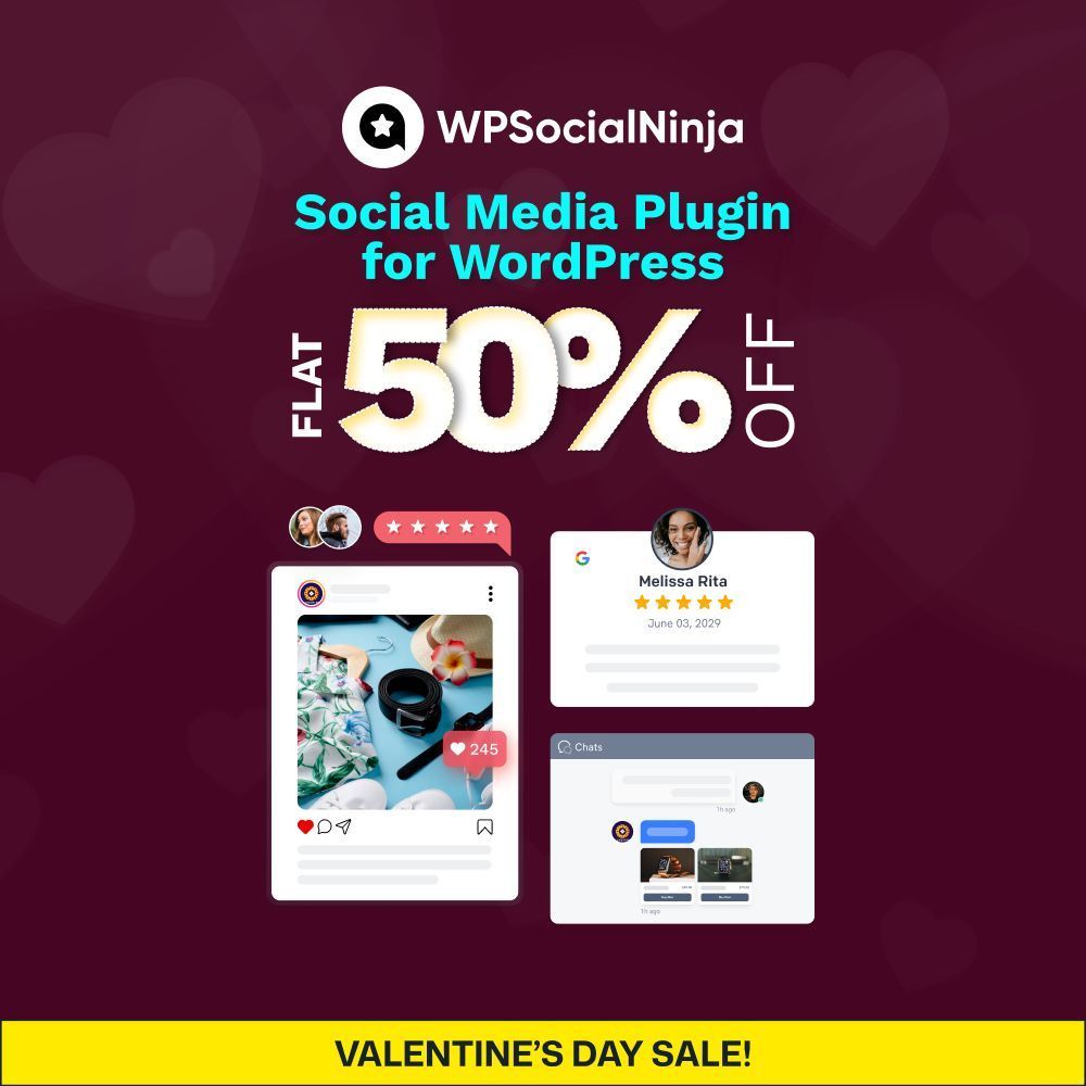 WPSocialNinja's tweet image. Valentine’s Day may be over, but our love for our users never ends.

Enjoy a flat 50% off on WP Social Ninja this Valentine's season and start growing your business with powerful social proof. Don’t miss out.👇
wpsocialninja.com/discount-deal/

#WordPress #ValentinesSale