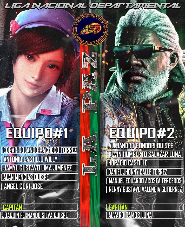 |LIGA NACIONAL DEPARTAMENTAL DE TEKKEN 📷
Presentamos a los integrantes de los equipos de La Paz.
La Paz 1:
Edgar Rolando Pacheco Torrez (ALL | PERFECTIONZ).
Joaquin Fernando Silva Quispe (HDG | ZENITH MG) /Capitán del Equipo.
Antonio Castillo Willy (HDG | KID_TOÑO).
Jamyl
