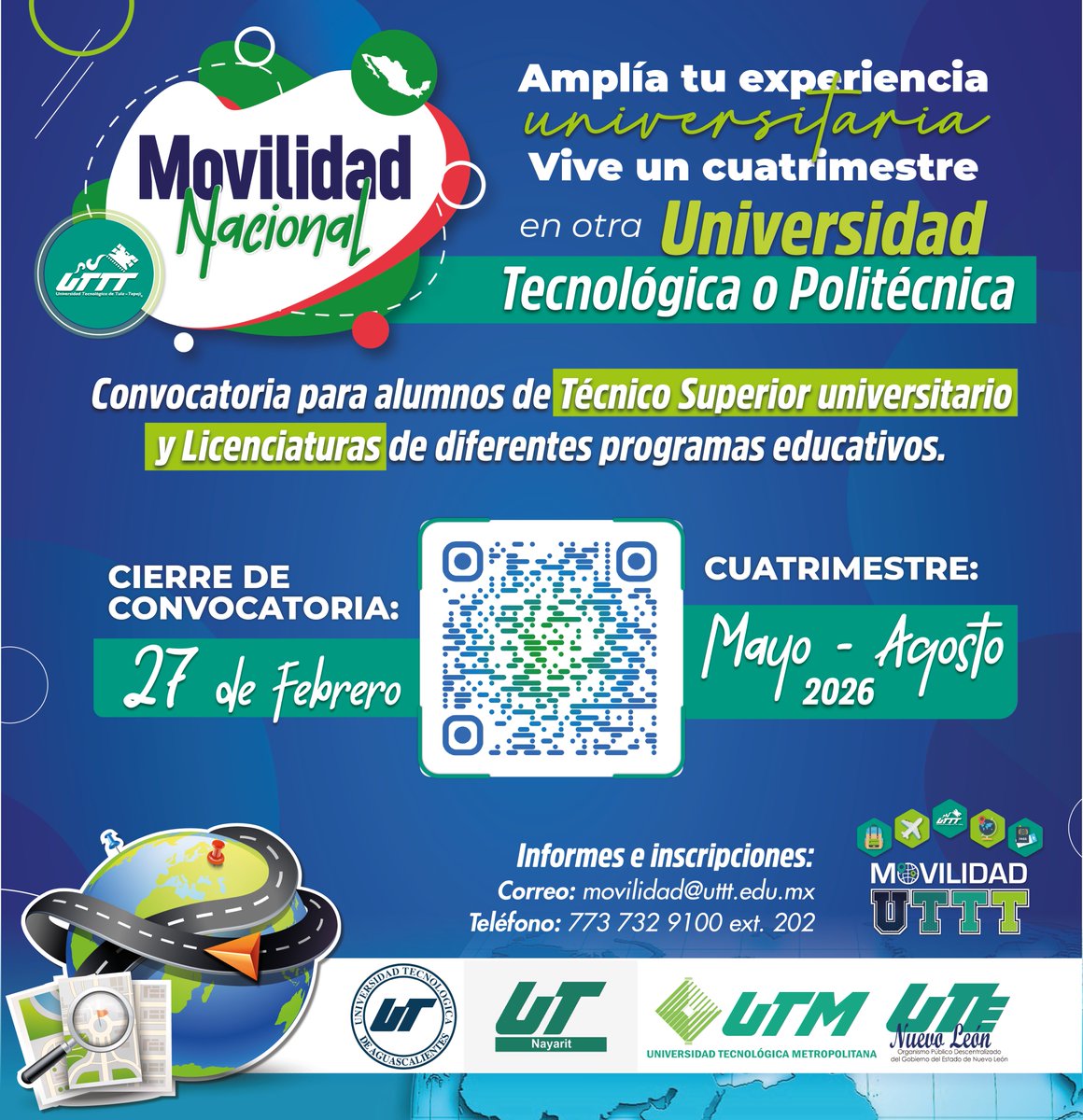 🚀¿Te imaginas estudiar un cuatrimestre en otra ciudad y en otra Universidad Tecnológica o Politécnica del país?
Conoce nuevas formas de aprender, vive nuevas experiencias y fortalece tu perfil profesional.
📌 Consulta la convocatoria en el QR.
