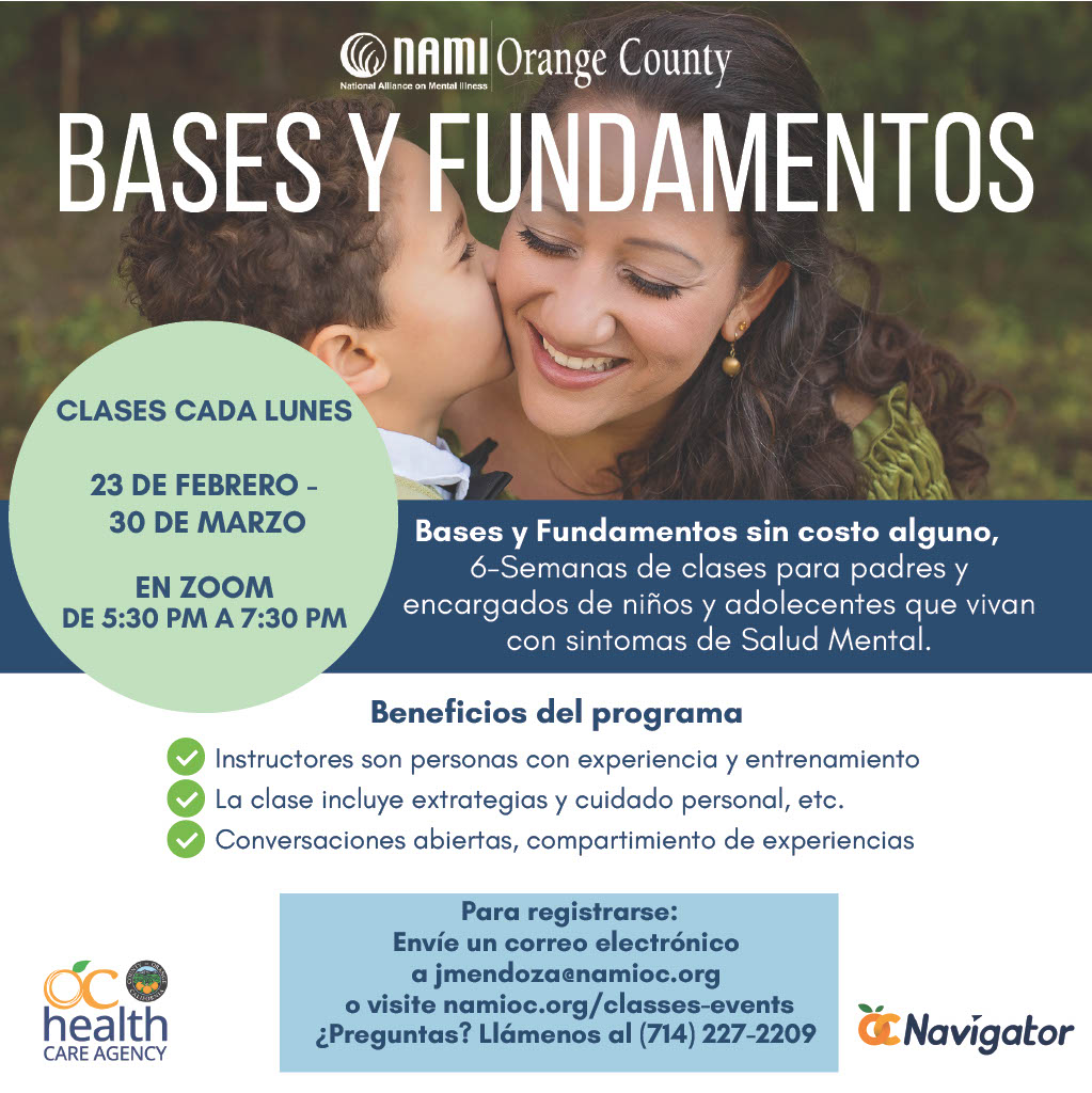 ¡Inscripciones abiertas! NAMI Bases y Fundamentos: curso GRATIS de 6 semanas para padres/cuidadores de jóvenes <18 con desafíos de salud mental. 
📅Lunes 23 feb–30 mar (Zoom) 
⏰5:30–7:30 PM. 
Info: namioc.org/classes-events | (714) 227-2209