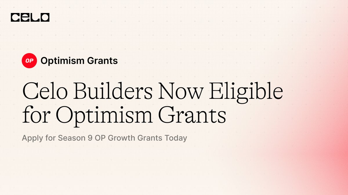🛠️ Celo builders are eligible for <a href="/Optimism/">Optimism</a> ecosystem grants!

Season 9 OP Growth Grant applications are live today, supporting founders w/ live apps that are ready to scale usage, liquidity &amp; real onchain impact

🔗 Learn more &amp; apply today ↓
atlas.optimism.io/missions/growt…