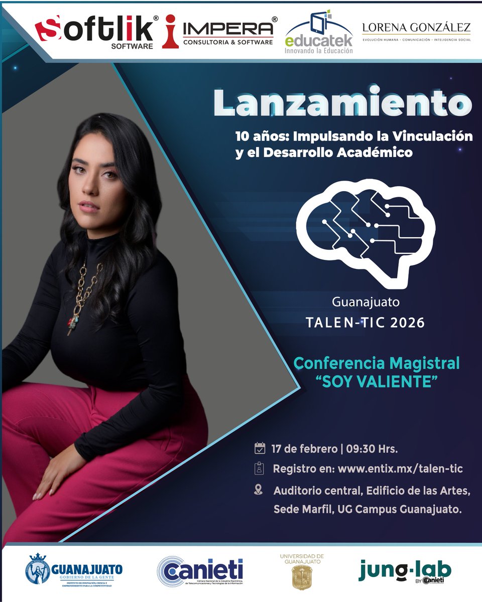 La innovación nace del talento. 🚀
En el marco del 10° aniversario de #TALENTIC, se llevará a cabo la conferencia magistral “Soy valiente” impartida por Lorena González, como parte de la presentación de la convocatoria 2026.
📅 17 febrero 
 ⏰09:30 hrs.
👉 forms.gle/TGdUmuNX9X9wgB…