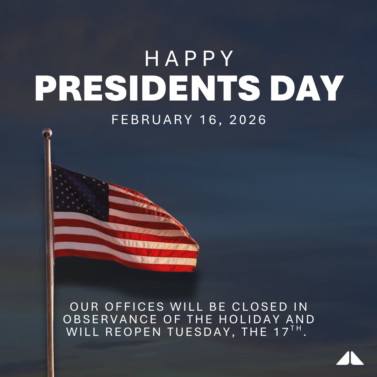 Presidents Day is a moment to reflect on leadership and service.

Anchor Loans will be closed on Monday, February 16, and we will reopen on Tuesday, February 17.

Wishing you a safe and meaningful holiday.
