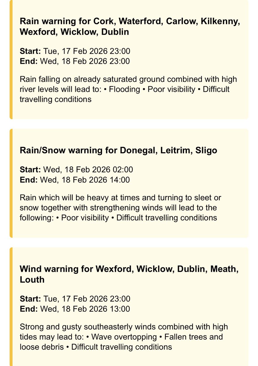 A number of yellow warnings issued for Tuesday night into Wednesday including rain and wind with risk of snow in Northwest.