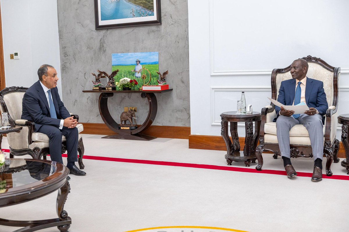 WilliamsRuto's tweet photo. We are deepening our strong partnership with Egypt to unlock greater trade, investment, and manufacturing opportunities. We are further advancing regional peace and stability for shared prosperity.

Received a special message from President Abdel Fattah el-Sisi of Egypt delivered by Foreign Affairs, International Cooperation and Egyptian Expatriates minister Badr Abdelatty at State House Nairobi.

He was accompanied by Water Resources and Irrigation minister Hani Sewilam and Ambassador of Egypt to Kenya Hatem Hosni.

Prime Cabinet Secretary Musalia Mudavadi was also present.