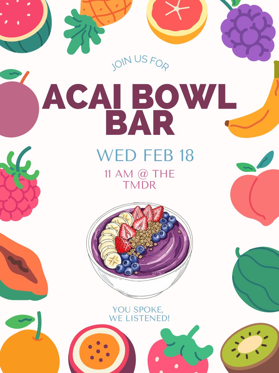 Rockhurstdining's tweet image. You spoke, we listened! Grab a student-requested acai bowl at lunch on Wednesday along with this week's student-requested comfort food! 🍓 🫐