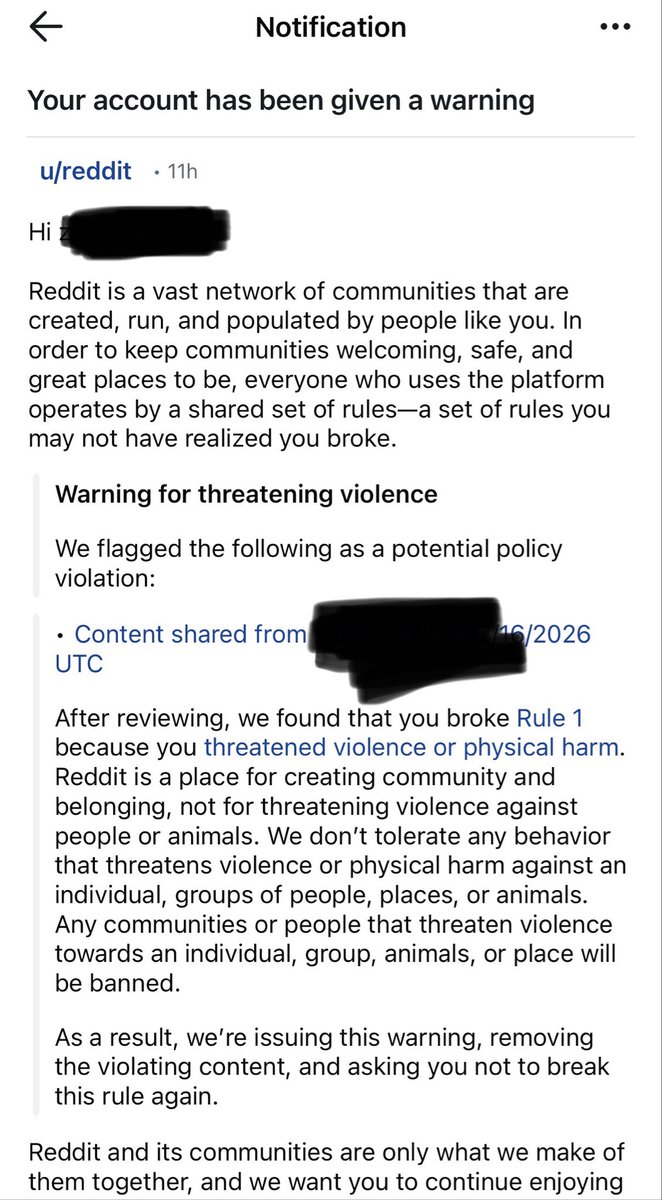 motherchuckles's tweet photo. How fucking stupid is @Reddit that this is the message you get when you comment that you’d defend yourself against an unprovoked act of violence. But the video of the unprovoked act of violence stays up. It’s only okay to support violence if it fits the mods narrative. https://t.co/qsFo8gPPaC