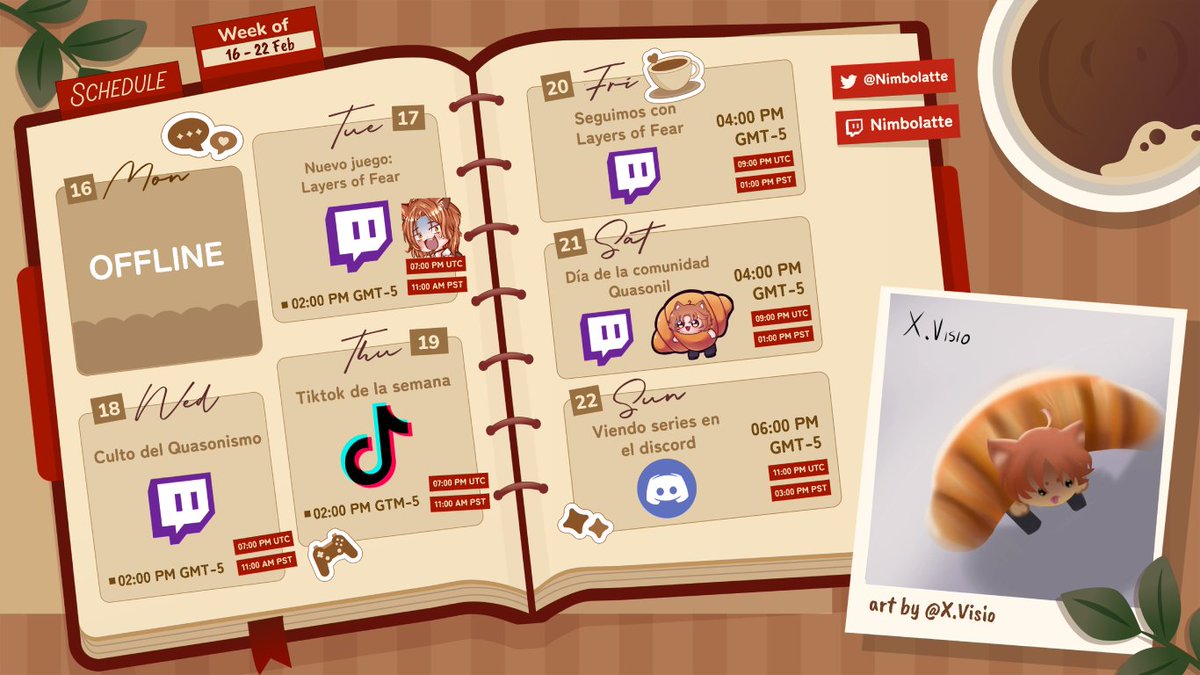 🥐『𝐻𝑜𝓇𝒶𝓇𝒾𝑜 𝓈𝑒𝓂𝒶𝓃𝒶𝓁』☕️

Esta semana empezamos un nuevo juego 👀✨

Y seguimos con la series en el discord que ayer fue entretenido ver Chernobyl 🧡

Buen inicio de semana ✨

¡Vengan a por café y quason! 🐈

~

#horariovtuber #streamschedule #vtuber #twitchstreamer