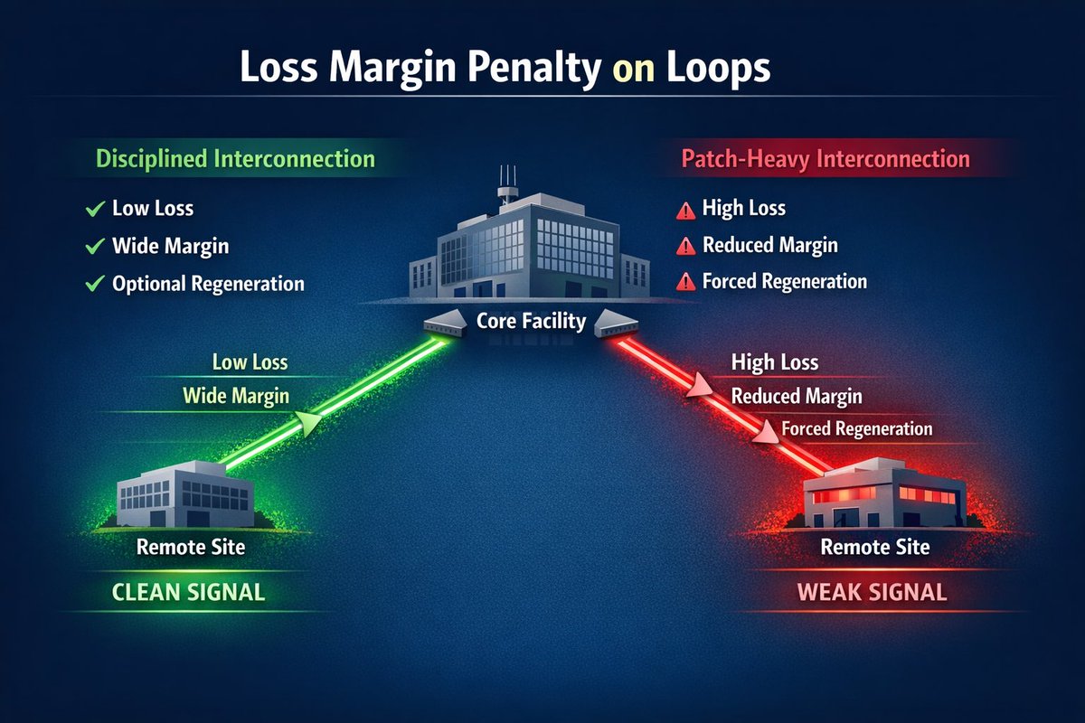 TheIcelandGuy's tweet image. What does this image say at a high level? If carrier hotel layer 1 interconnection engineering sucks, the looped site pays the price. If the looped site layer 1 engineering sucks too, the penalty is even worse for them. #sfnni #fiber #networkarchitecture