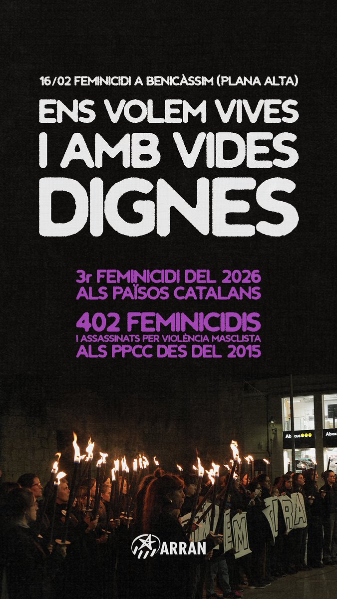 Feminicidi a Benicàssim. El 3r d'aquest any 2026, sols als Països Catalans.

Des del 2015, hi ha hagut 402 feminicidis i assassinats per violència masclista als PPCC. Això sí que és inseguretat, això sí que és una amenaça per a les nostres vides! 

Acabem amb aquest sistema! 🔥