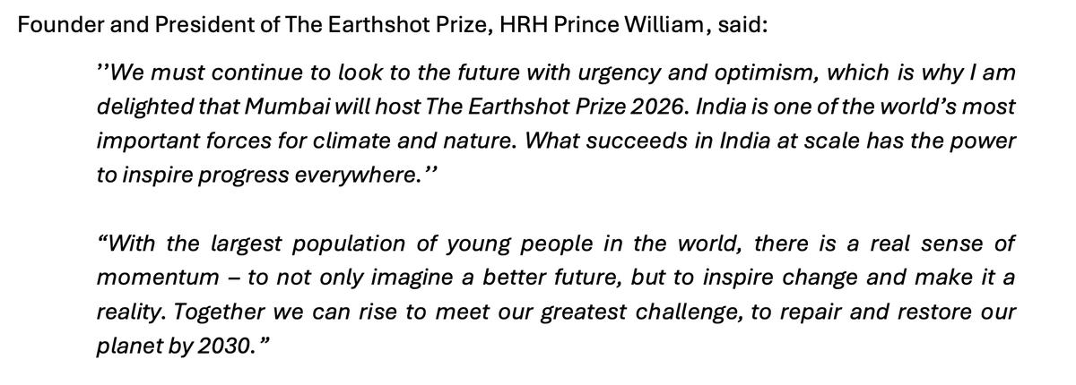 JUST ANNOUNCED: Mumbai will be the host city for The <a href="/EarthshotPrize/">The Earthshot Prize</a> 2026.
'We must continue to look to the future with urgency and optimism, which is why I am delighted that Mumbai will host The Earthshot Prize 2026,' says Prince William.